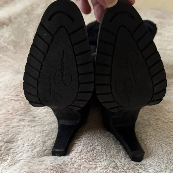 Jessica Simpson Black Heeled Boots with Fur Trim - Picture 4 of 9